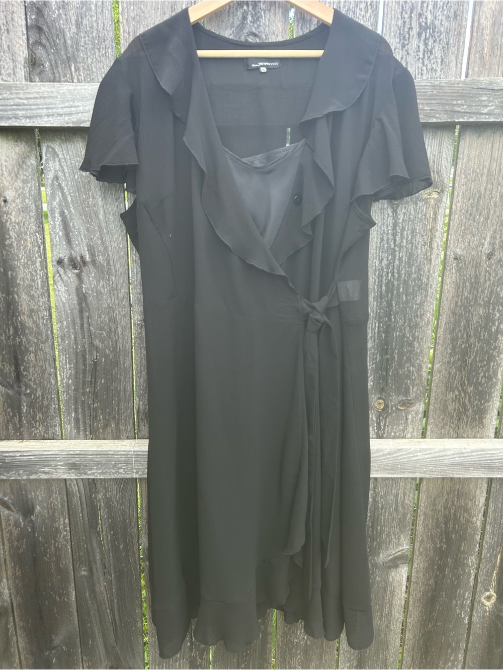 Vintage Stefano Cocci Black Ruffle Wrap Dress 90s Chiffon Layered Midi XL